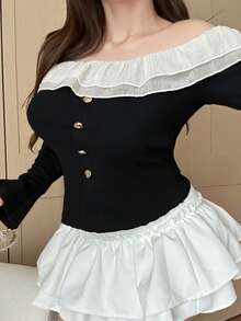 Dazy Plus Plus Size Women's Scalloped Off Shoulder Flare Sleeve Fitted Cropped T-Shirt, Spring/Autumn Long Sleeve Top