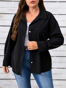 EMERY ROSE Chaqueta casual de mujer de talla grande de unicolor de pana con cinturón de botones en la cintura, para otoño/invierno - Negro - Ver 3