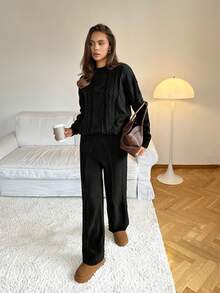 SHEIN Tall Women's Solid Black Knitted Homewear Set, Suitable For Autumn/Winter, Premium Version For Tall,Fall,Fall Clothes For Women - Black - View 5