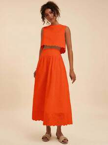 Travachic 一套女士纯色梭织无袖露脐宽松背心和高腰半身裙，橙色夏季镂空设计，适合海滩装扮、圣诞派对、新年装扮、感恩节装扮、优雅半身裙派对、橙色半身裙套装、橙色镂空套装 - 橘色 - 查看 1