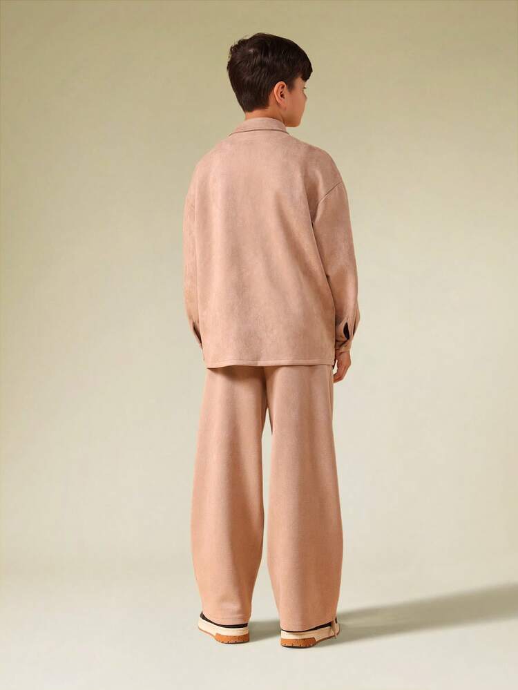 Suedette Button Front Shirt With Wide Leg Pants