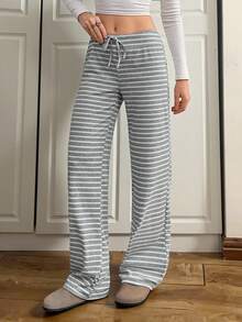 SHEIN Tall 女士低腰条纹磨毛抽绳瑜伽休闲阔腿裤，秋冬季，女士冬季，女士感恩节，女士休闲，灰色休闲条纹裤 - 白色 - 查看 9