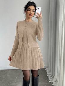 Elenzga Bộ đồ len cardigan cài nút đơn giản, không tay, viền xếp ly, màu trơn, thoải mái khi đi làm hàng ngày dành cho nữ, mùa thu - Màu be - Xem 6