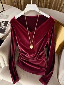 Selianne Burgundy Velvet V-Neck Pleated Casual T-Shirt, Vintage Style, Autumn/Winter - Burgundy - View 1