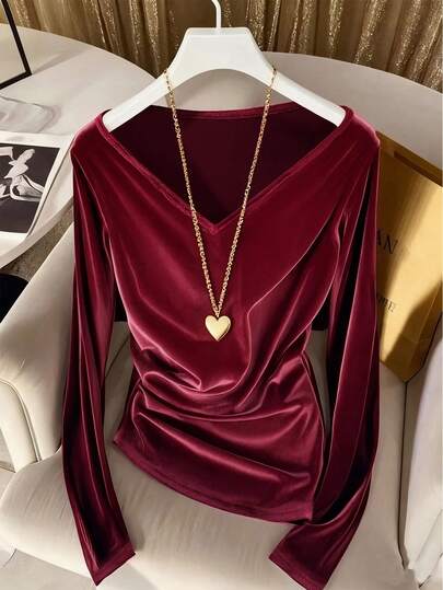 GlowEve Burgundy Velvet V-Neck Pleated Casual T-Shirt, Vintage Style, Autumn/Winter