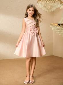 Tween Girl' Round Neck Sleeveless Dress With Multi-Layer Beaded Waist Bow Decor, Elegant & For Halloween, Christmas, Party