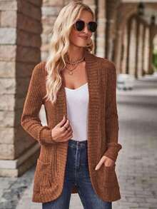 EMERY ROSE 女式休闲罗纹拉绒前开侧袋短裤薄夹克 - 棕色 - 查看 4