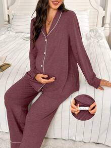 SHEIN Moonlight & Mama Women's Contrast Trim Collar Long Sleeve Top & Pants Loose 2 Piece Comfy Pajamas Set, Winter