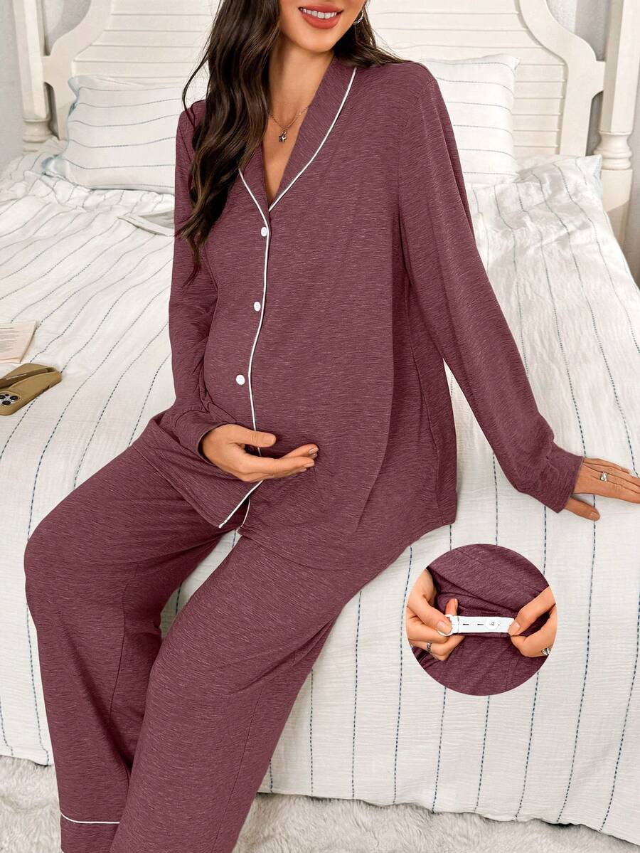 SHEIN Moonlight & Mama Women's Contrast Trim Collar Long Sleeve Top & Pants Loose 2 Piece Comfy Pajamas Set, Winter