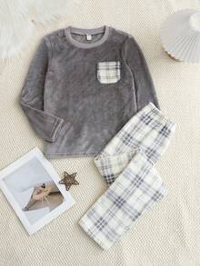 2 件男童柔软法兰绒格子西装，休闲宽松长袖上衣和裤子，舒适家居服，秋冬