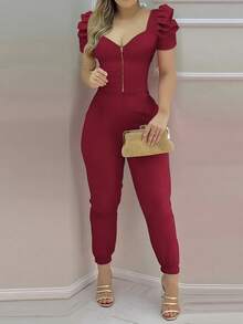 INAWLY Combinaison sans manches à col V sexy et moulante pour femmes, sans ceinture - Rouge foncé - Voir 4