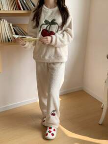 2 件套青少年女孩毛绒双面睡衣，可爱甜美印花和刺绣，舒适长袖上衣和裤子家居服套装，秋冬