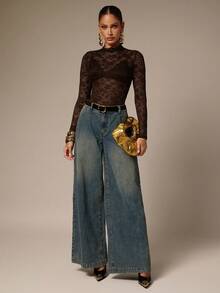 Silquee Women's Floral Lace Stand Collar Long Sleeve Sexy Bodysuit - Coffee Brown - View 7