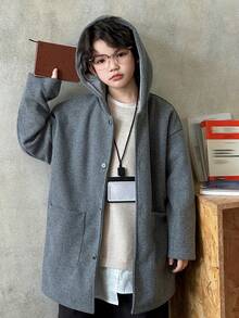 DAZY Tween Boy Solid Color Drop Shoulder Long Sleeve Single-Breasted Casual Loose Hooded Overcoat, Autumn/Winter - Grey - View 6