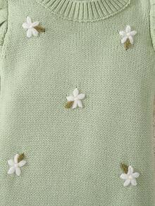 SHEIN Baby Girls Floral Embroidered Knit Romper, Long Sleeve Sweater Jumpsuit With Ruffled Cuffs, Comfortable For Autumn/Winter, Suitable For Everyday Wear, Outings, Travel, Newborns, And Daycare - Green - View 7