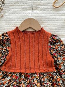 SHEIN Babygirl 优雅卡其色碎花长袖连衣裙 - 彩色 - 查看 4