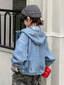 DAZY 幼儿男童宽松休闲连帽牛仔夹克和外套，街头酷炫风格，秋季 - 藍色 - 查看 5