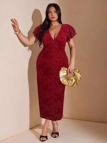 SHEIN BAE Đầm ôm sát cổ chữ V họa tiết lưới hoa cỡ lớn thanh lịch dành cho nữ, dáng dài, ôm sát, tôn dáng, thích hợp mặc hàng ngày, đi chơi, hẹn hò, tiệc trà chiều, đi nghỉ, mùa xuân/hè, mùa tựu trường dành cho nữ Đầm dự tiệc trang trọng, đầm sinh nhật dành cho nữ - Đỏ - Xem 3