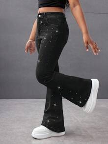 千禧少女春夏度假纯色水洗优雅高腰水钻弹力喇叭牛仔裤，毛边裤脚，夏季海滩波西米亚风度假喇叭裤，夏季音乐会、节日休闲派对、夏季早午餐、教堂毕业典礼、街头风、返校季喇叭裤，低腰宽松星形牛仔裤 - 黑色 - 查看 3