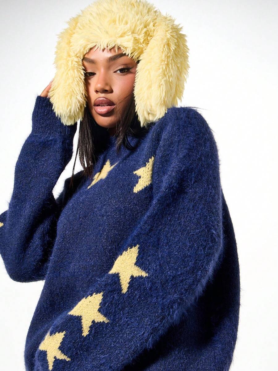 SUMWON WOMEN 超大蓬松圆领星星针织毛衣柔软冬季套头衫秋季针织衫 - 藏蓝色 - 查看 1