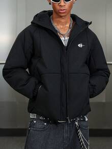 Manfinity Roghcode Abrigo casual negro acolchado para hombre, de manga larga, para otoño/invierno