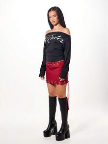 SUMWON WOMEN Off Shoulder Long Sleeve Top With Script Text For Casual Winter Wear - Black - View 5