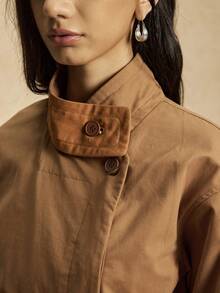 Easelle Women's Brown Woven Stand Collar Drop Shoulder Long Sleeve Fashionable And Versatile Regular Coat, Perfect For Autumn And Winter - Brown - View 8