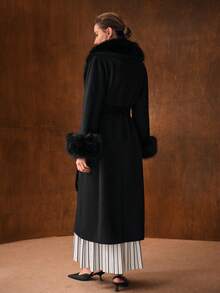 MOTF PREMIUM Wool Collar Patchwork Long Waist Cinched Overcoat, Autumn/Winter - Black - View 7
