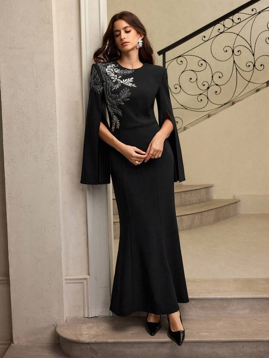 ZEYLAH 优雅串珠刺绣开衩袖收腰连衣裙，秋冬