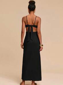 Travachic 度假休闲花瓣露背吊带连衣裙，立体花朵，度假风格，女士度假服装，女士度假服装，海滩度假服装，女士夏季服装，女士夏季连衣裙，女士连衣裙，夏季连衣裙 - 黑色 - 查看 2