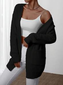 EMERY ROSE 女式纯色 V 领口袋不对称开衫 - 黑色 - 查看 3