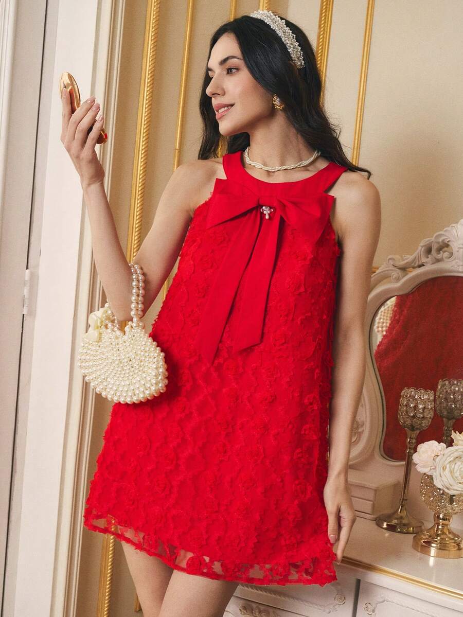 Penseblé Vestido mini sin mangas con decoración de lazo para mujer - Rojo - Ver 1