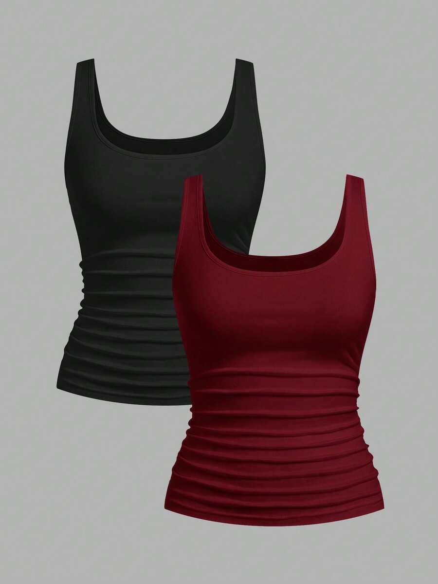 Slaydiva Black & Burgundy Women's Casual Crew Neck Ruched Bodycon Tank Top Set, Versatile For Daily Wear - Multicolor - View 1