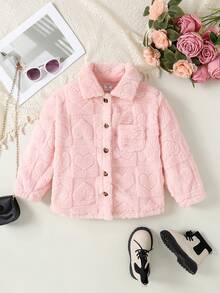 Young Girls Fuzzy Heart Pattern Hooded Long Sleeve Jacket, Pink, Autumn/Winter - Pink - View 1