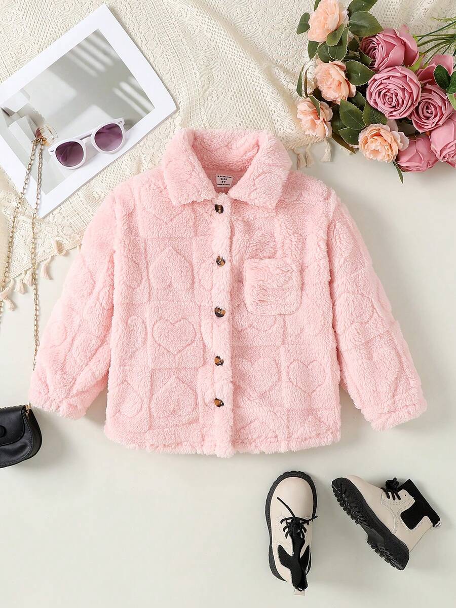 Young Girls Fuzzy Heart Pattern Hooded Long Sleeve Jacket, Pink, Autumn/Winter - Pink - View 1