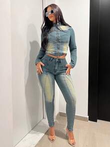 Jeanoix Elastic Fitted Stand Collar Zip-Up Vintage Washed Denim Jacket