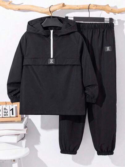 SHEIN Teen Boys Basic Pull Top Jacket Set Casual Street Fashion Solid Color Decorated Details Versatile Comfortable Plain Long Sleeve Hoodie Half Zip Jacket And Drawstring Pants Set, Suitable For Commuting, School, Casual, Travel, Sports, Party, Autumn/Winter Teen Boys Tracksuit Set Boys Casual Set Kids Boys Sport Wear Fall Autumn And Winter Clothes