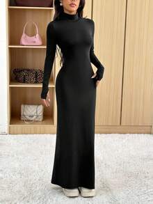 SHEIN PETITE Damen elegantes einfarbiges Maxi Rollkragen Langarm Bodycon Kleid, Frühling Herbst Langkleid Schwarzes Langkleid Winterliches sexy Langkleid Langarm Langkleid - Schwarz - Übersicht 1