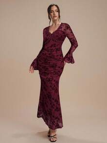 Modelyn Vestido largo de mujer con cuello en V, manga larga, estampado floral y perlas falsas - Burdeos - Ver 3