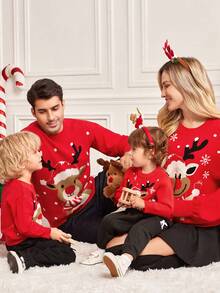SHEIN 4 件套家庭装圣诞套装 - 妈妈和我：小男孩、小女孩休闲可爱圣诞帽、驯鹿、红色圣诞毛衣圆领套头衫，适合秋冬季、居家、郊游、圣诞派对 - 紅色 - 查看 2