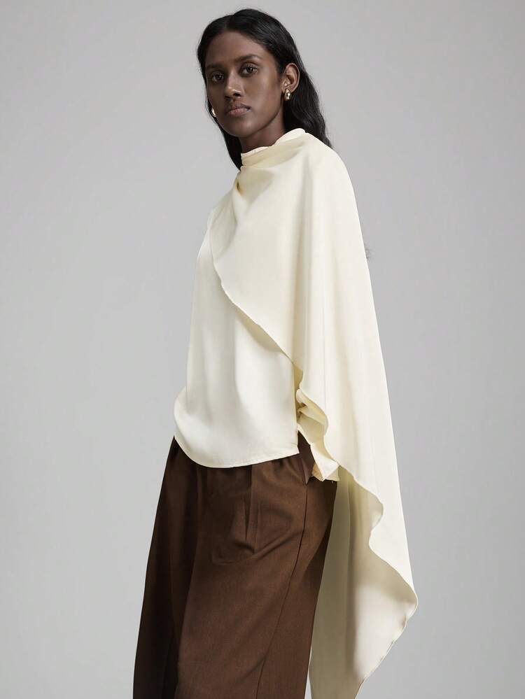 Women's Cream White,Autumn,Elegant,Semi Formal Satin Twill Dress,Shoulder Gathered Asymmetric Cape Decor Design Loose Stand Collar Long Sleeve,Casual