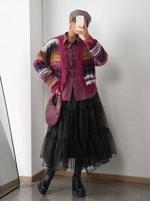 Slaydiva Veslaya 2025 Preppy Stil Neue V-Ausschnitt Burgunder gestreifte Farbblock Distressed Langarm Große Größen Strickjacke, geeignet für Herbst Winter, Basic, Lässig, Party, Straße, Musikfestival, Flughafen Karamell Kern - Verschiedenfarbig - Übersicht 8
