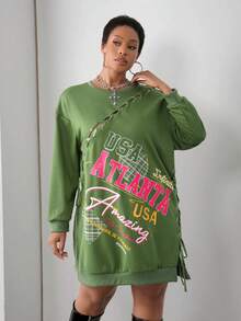 Slaydiva 2025 Autumn/Winter New Plus Size Street Style & Casual & Daily Wear & Music Festival & Party English Graphic Print Single Side Slit Tie-Up Long Sleeve Hoodie Sweatshirt For Plus Size Women,Christmas