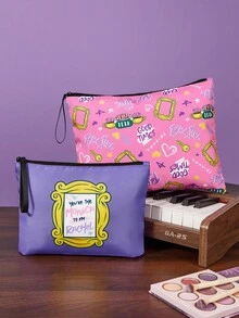 FRIENDS X SHEIN 2 件套图案印花轻质涤纶纤维化妆包，适合存放化妆品、文具、日用品、数码产品，非常适合通勤、上学、旅行，适合男士、女士、学生、相框、友情 - 彩色 - 查看 13