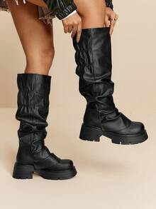 Daringsoles Women's Over-The-Knee Pleated Boots, Chunky Thick Sole Round Toe Comfortable Versatile Fashion Boots, Pant Leg Boots, Riding Boots