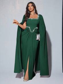 Viva Relle Elegantes, romantisches, luxuriöses Maxikleid für Damen in Große Größen für Bankette, Partys, Hochzeitsgäste, aus Chiffon mit Laternenärmeln, Rundhalsausschnitt, Diamantenverzierung und fließendem Stil (zufällig mit Strass verziert)