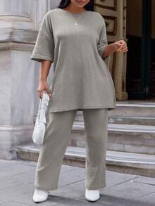 EURMUSE Cotton 2 Pieces Plus Size Slit T-Shirt Pants Suit - Light Grey - View 3