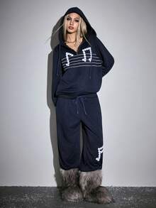 ROMWE Avant Bộ 2 áo hoodie có khóa kéo in nốt nhạc thường ngày dành cho nữ và quần dài - Màu xanh hải quân - Xem 6