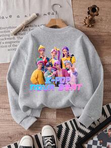 GraphicGems 年轻女孩休闲舒适时尚百搭创意 K-POP 恶魔猎人卡通女孩图案保暖内衬圆领运动衫，适合秋冬季外出 - 灰色 - 查看 3