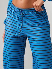 MISSGUIDED Pantalon de survêtement confortable pour femmes avec rayures horizontales, taille avec cordon de serrage et design jambes larges - Bleu azur - Voir 5